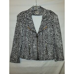 Anne Klein Jacket Size L Black And White Animal Print Crop Zip Collar